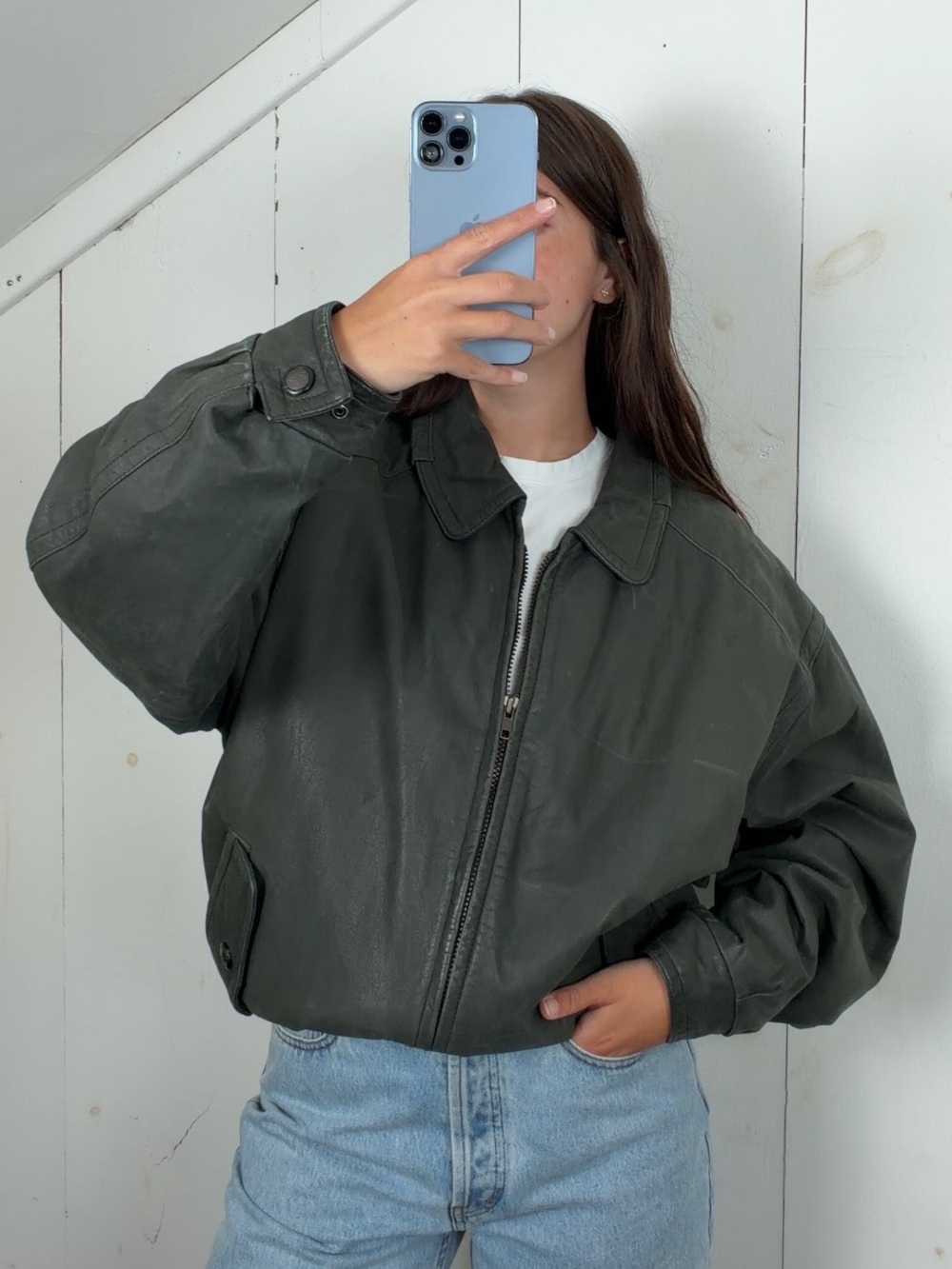 Vintage London Fog Green Leather Bomber Jacket Men’s Medium 90s Y2K Full Zip